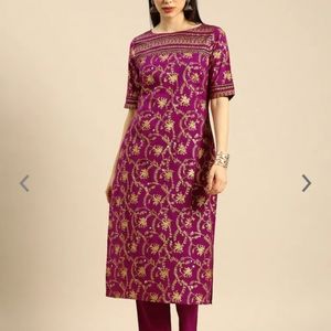 Anouk women magenta pink ethnic motifys Printed pure cotton kurtas with trousers